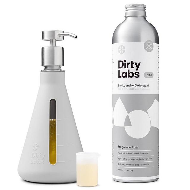 Dirty Labs | Bio-Liquid Laundry Detergent Refill & Pump Set | Free & Clear | 80 Loads (21.6 fl oz) & Pump | Hyper-Concentrated | High Efficiency & Standard Machine Washing | Nontoxic, Biodegradable