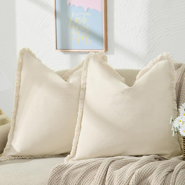 ZWJD Pillow Covers 26x26 Set of 2 Throw Pillow Covers with Fringe Chic Cotton Euro Shams Square Cushion Covers for Couch Sofa Bed Living Room Farmhouse Boho Decor, Beige