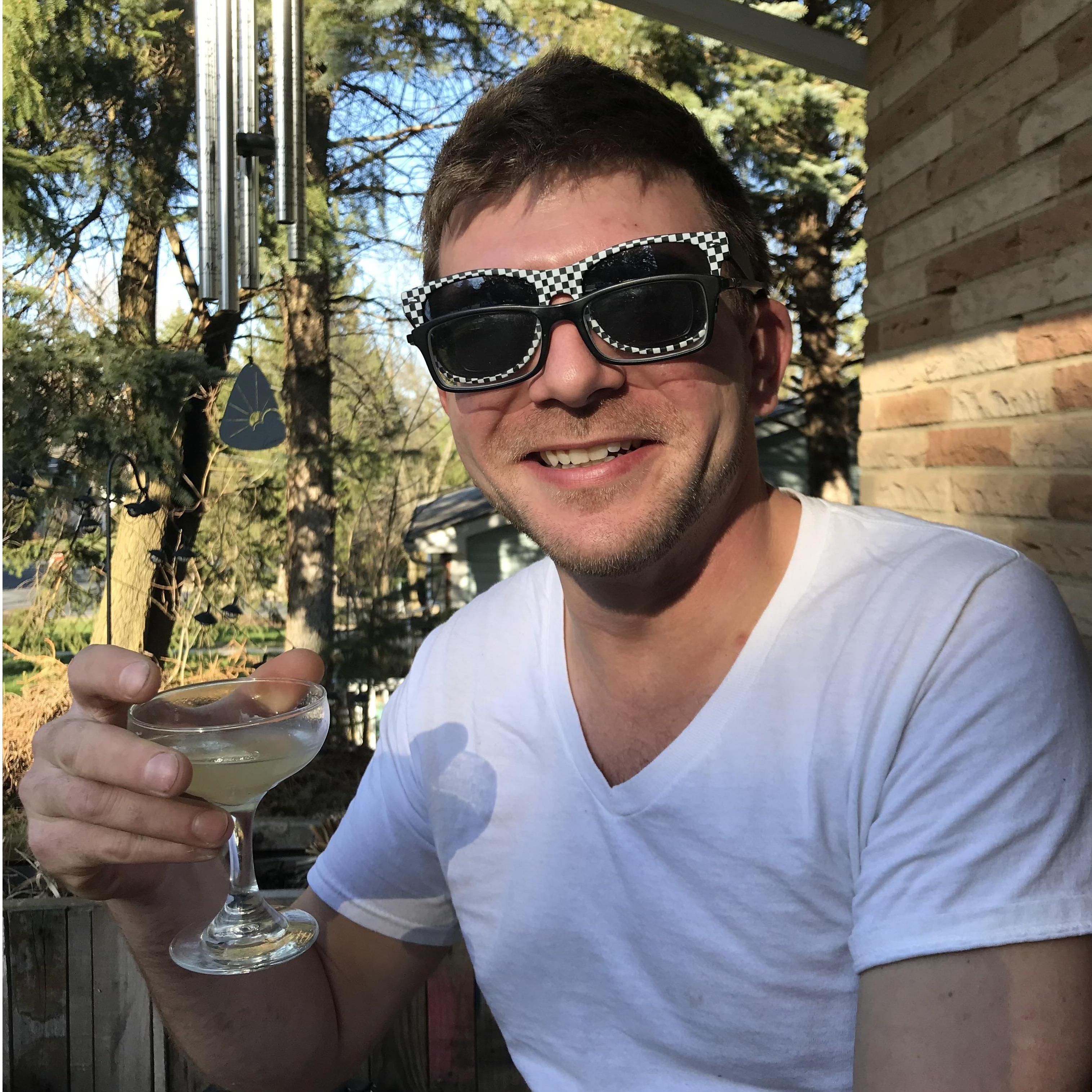April 2019, celebrating Chris making it down the mountain after his glasses fell into a crevice to be lost forever