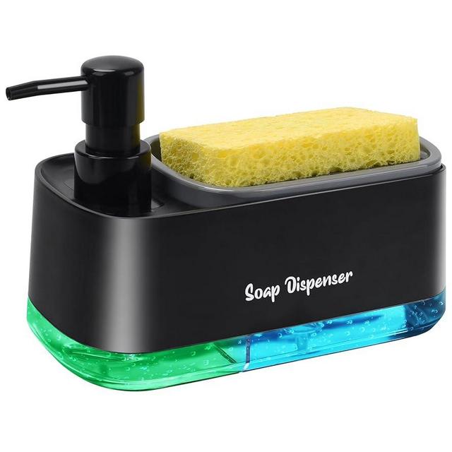 Kitchen Dish Soap Dispenser Set，Dish and Hand Soap Dispenser with Sponge Holder, 3-in-1 Countertop Sponge Dual Soap Pump Dispenser for Kitchen Sink - Black