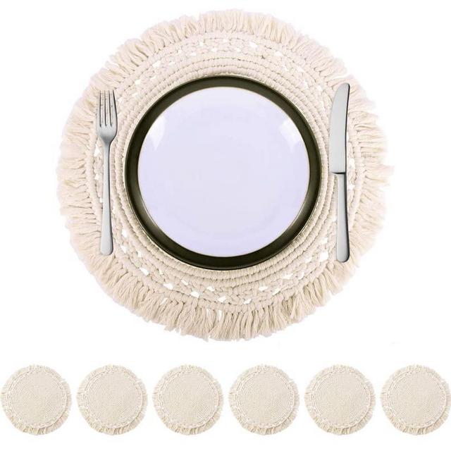 SnugLife Macrame Placemats Set of 6 - Handmade Cotton Woven Boho Placemats - Modern Farmhouse Fringe Placemats for Dining Table, Kitchen, Bohemian Wedding Décor, Rustic Natural Off White, 16"