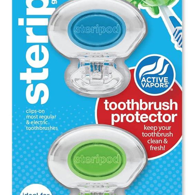Steripod Clip-On Toothbrush Protector, Clear Blue and Clear Green, 2 Count