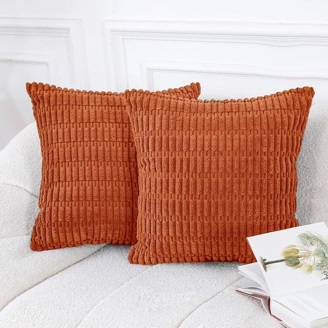 HWY 50 Corduroy Decorative Throw Pillow Covers 16x16 Inch, Soft Striped Boho Farmhouse Pillow Cases for Couch Sofa Bed, Modern Cushion Covers for Living Room Home Decor Pack of 2 Orange