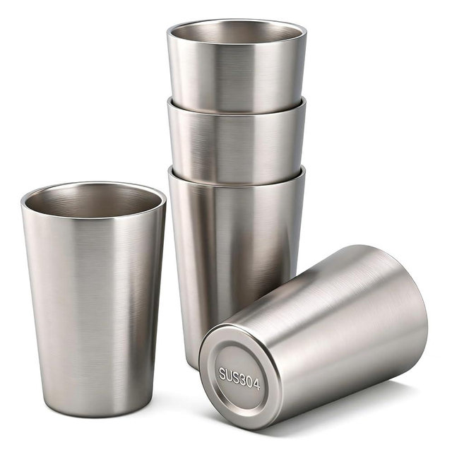 GJRIEFD 5 Pcs 12 oz Small Metal Cup, Double Wall Vacuum Stainless Steel Insulated Cup, Reusable Camping Cups Unbreakable Indoor Outdoor for Party, Home, Office, BBQ, Silver