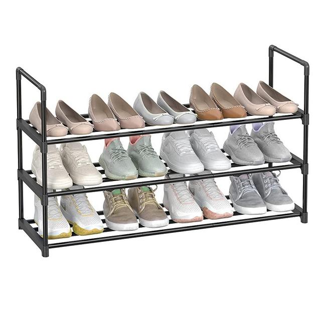 SONGMICS Shoe Rack, 3 Tier Shoe Organizer, Metal Shoe Storage Shelf for 15 Pairs of Shoes, Easy to Assemble, Entryway, Black ULSA303B02