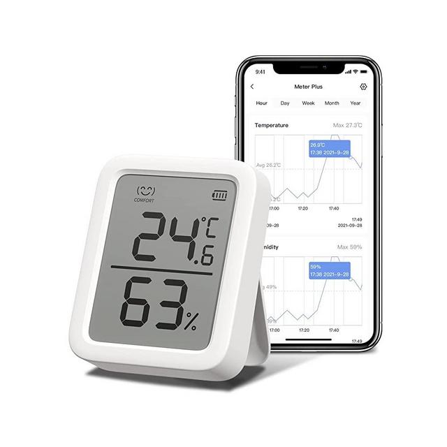 SwitchBot Thermometer Hygrometer, Bluetooth Indoor Humidity Meter and Temperature Sensor with App Control, Large LCD Display, Notification Alerts, Data Storage Export, Remote Monitor for Home