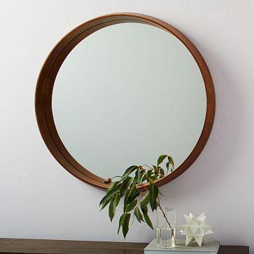 Wood Frame Ledge Round Wall Mirror