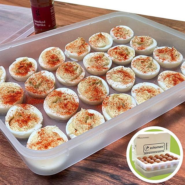 echomerx NEW 2 x 24 Deviled Egg Container with Lid - Easy Pipe Filling and Carry Eggs in Our Tray, Two Holders Serve 48 Devil Eggs for Party, Dishwasher Safe, Stackable, BPA-Free Plastic, Clear