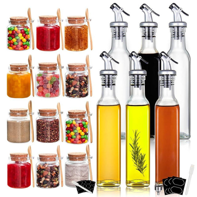 YEBODA 10oz Small Glass Storage Jars with Cork Lids and Spoons 12 Pack + 8oz Clear Glass Olive Oil Dispenser Bottles 6 Pack