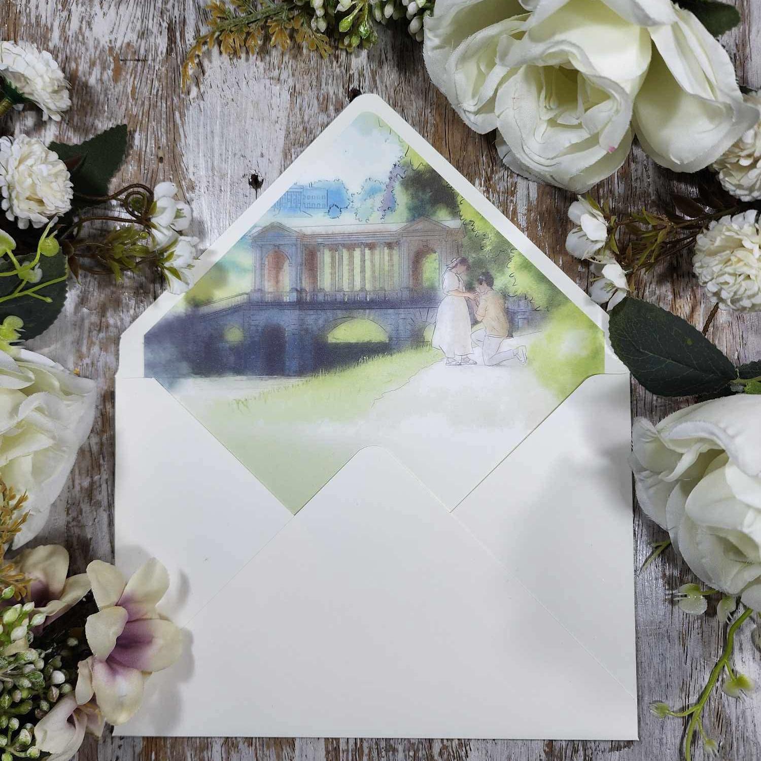 A digital art of the proposal, the perfect way to bring our love story to life, right from the very beginning, capturing the moment when Jaypee knelt in the romantic surroundings of Prior Park, Bath.
