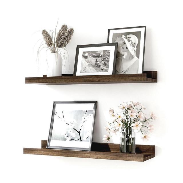 Solrot Floating Shelves for Wall Decor, Wall Mounted Wood Storage Shelf for Bedroom, Living Room, Bathroom, Kitchen, Nursery, Rustic Display Picture Ledge Shelf with Lip Set of 2-16 Inches, Walnut