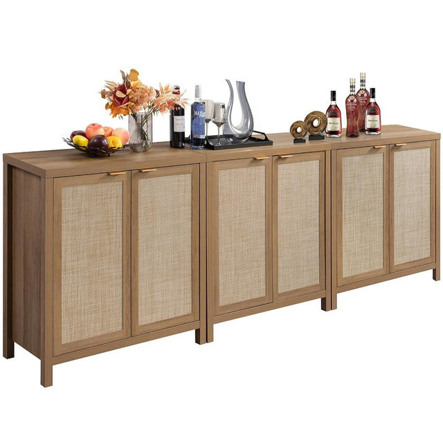 SICOTAS Sideboard Buffet Coffee Bar Cabinet - Boho Rattan Credenza Cabinet with Storage Rattan Decorated Doors - 3 Pieces Farmhouse Kitchen Storage Cabinets Buffet Cabinet - Oak