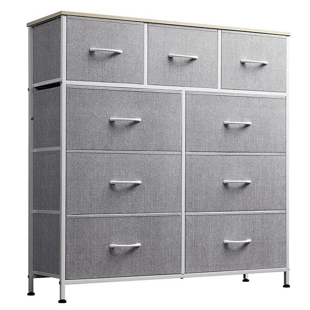 WLIVE 9-Drawer Dresser, Fabric Storage Tower for Bedroom, Hallway, Nursery, Closets, Tall Chest Organizer Unit with Textured Print Fabric Bins, Steel Frame, Wood Top, Easy Pull Handle, Light Grey