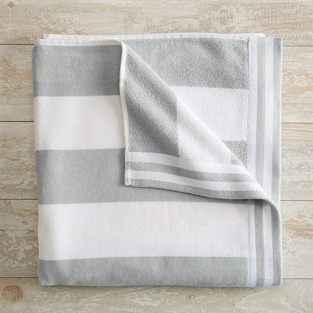 100% Cotton Beach Towel. Oversized Cabana Stripe Velour Pool Towels. Edgartown Collection (Pale Grey)