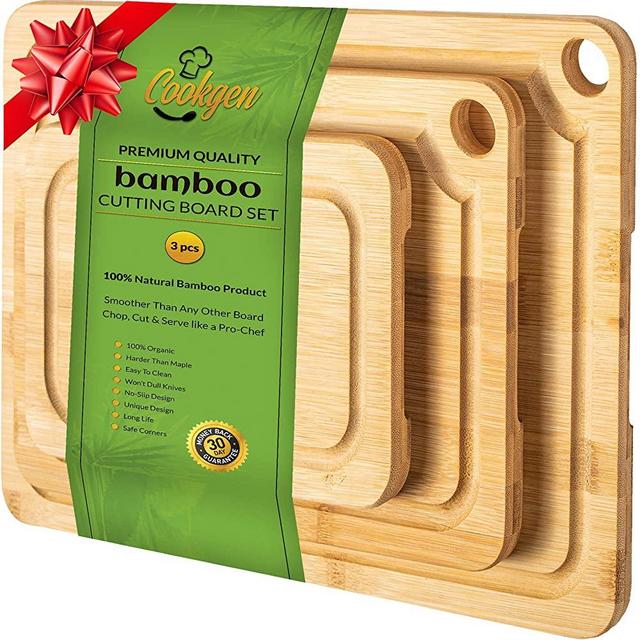 Cookgen Bamboo Cutting Board Set of 3 With Juice Groove, Pre Oiled, Large Handles