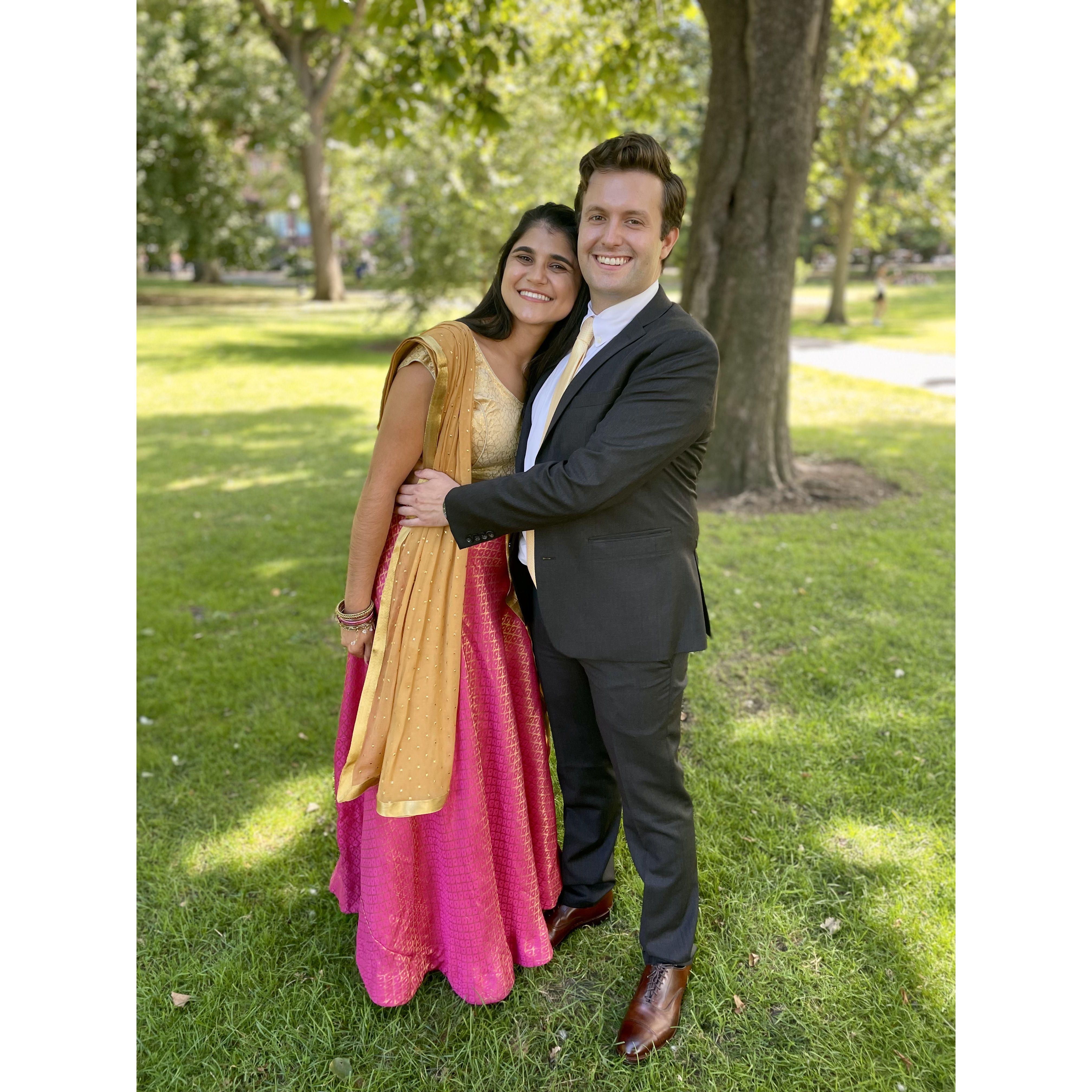 Dressed up for wedding festivities in Boston, MA.