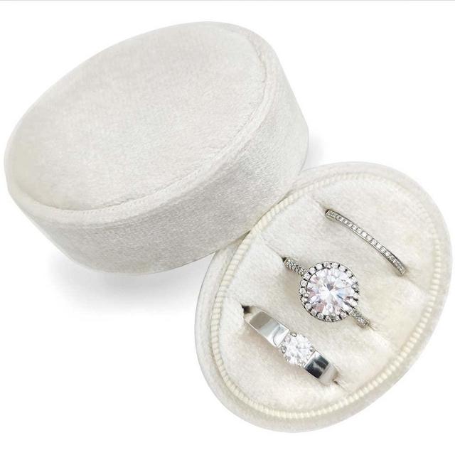 Beatilog Velvet Oval Ring Box 3 Slots - Premium Wedding Tree Rings Box Vintage Handmade Storage Jewelry Organizer for Proposal, Engagement, Wedding Ceremony, Christmas (Ivory)