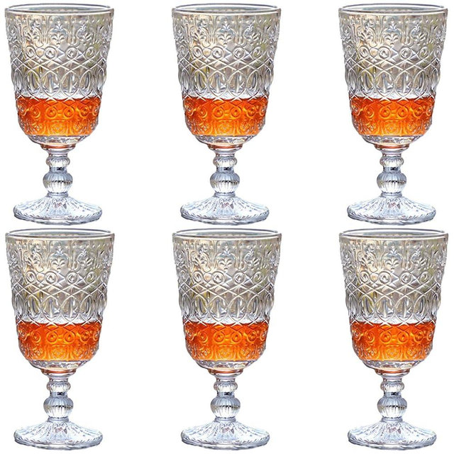 Taganov Clear Vintage Drinking Glasses set of 6 Glassware Wine Goblets 10 OZ Pretty Stemmed Cup for Wedding Party Bar