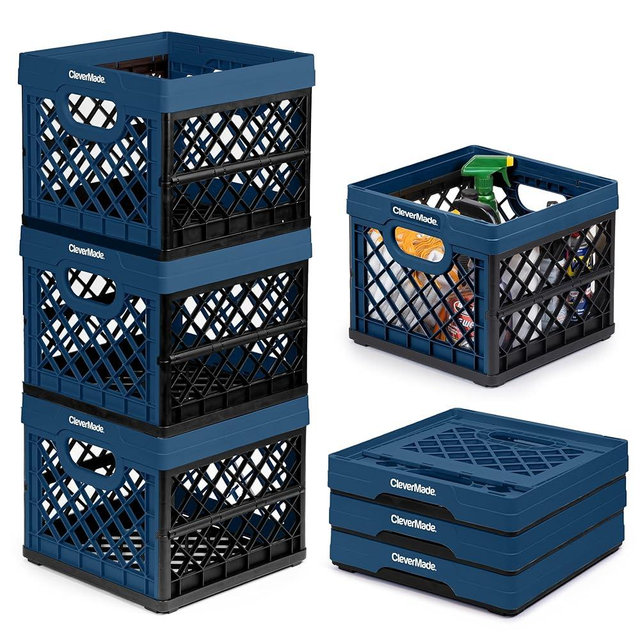 CleverMade Collapsible Milk Crate, Ocean, 3PK - 25L (6 Gal) Stackable Storage Bins, Holds 50lbs Per Bin - Clevercrates are Heavy Duty, Plastic Collapsible Storage Crate for Multi Purposes