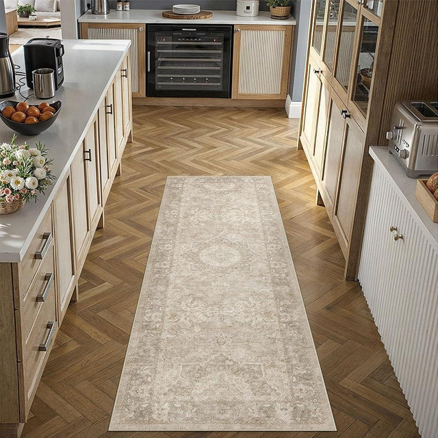 PureCozy Beige Runner Rug 2x6 Hallway Washable Vintage Carpet for Kitchen Non Slip Soft Low Pile Indoor Retro Oriental Medallion Accent Throw Long Rug Rug for Bathroom Laundry Dining Room
