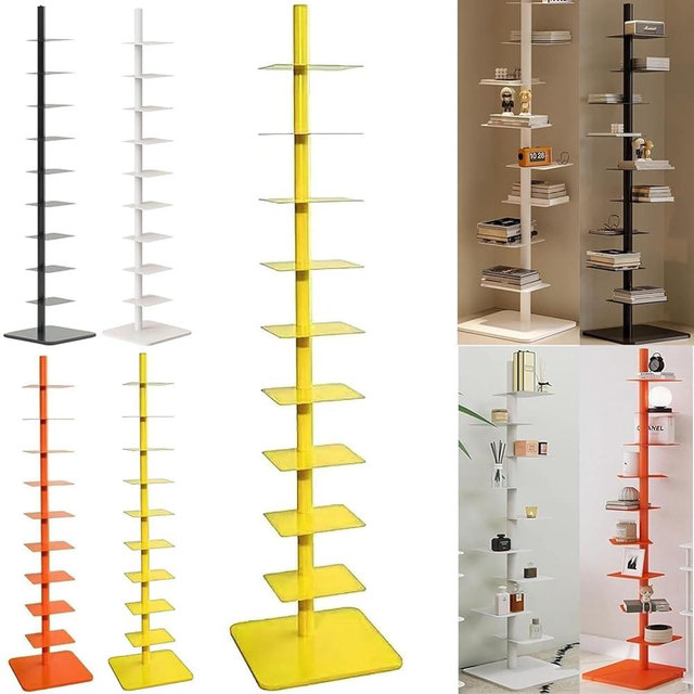 9-Tier Metal Spine Bookshelf, Invisible Bookshelf, Metal Bookcase - Vertical Book Tower (Yellow)