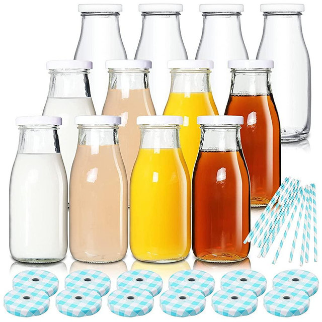 YEBODA 11oz Glass Milk Bottles with Reusable Metal Twist Lids and Straws for Beverage Glassware and Drinkware Parties, Weddings, BBQ, Picnics, Set of 12