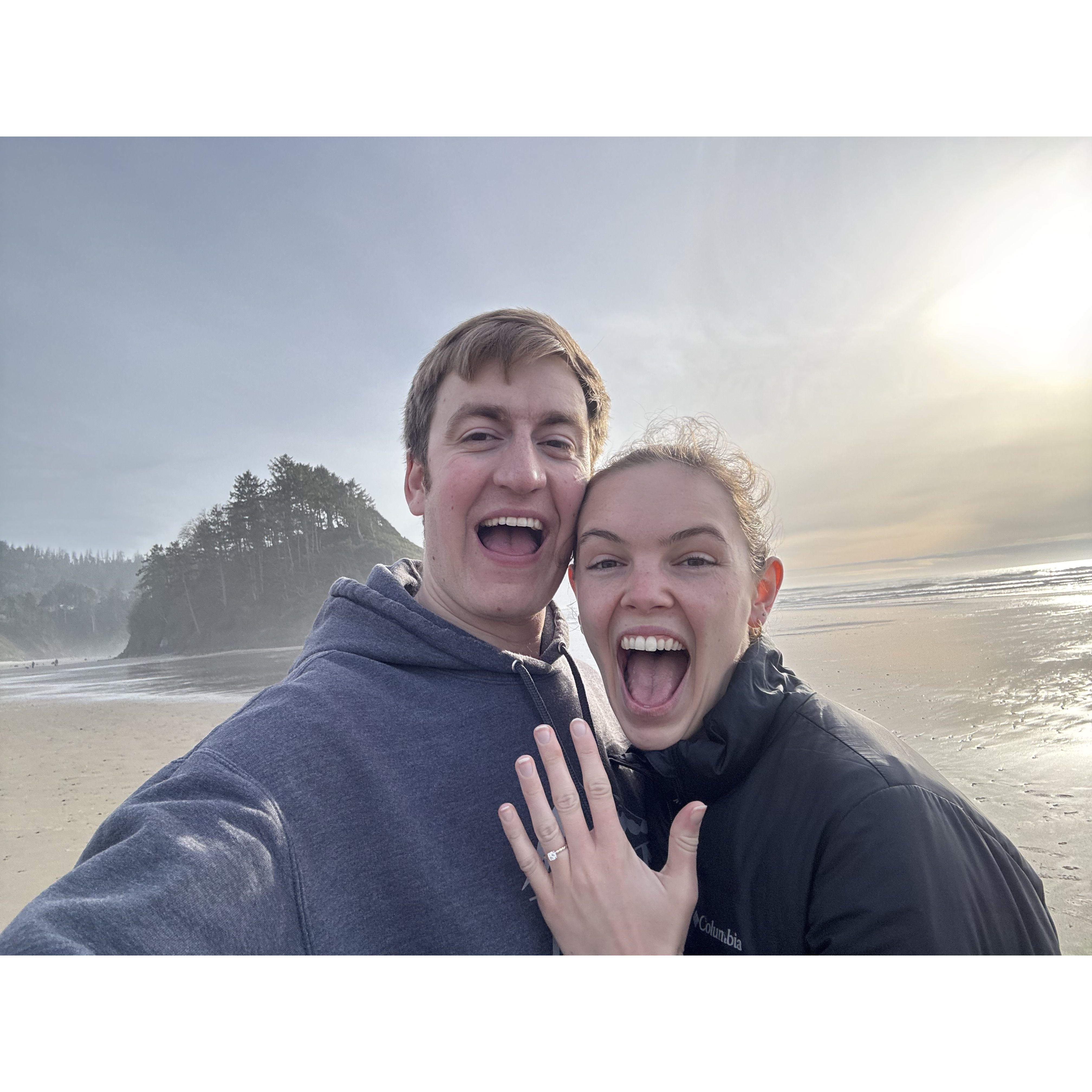 Posing in front of Proposal Rock in Neskowin!