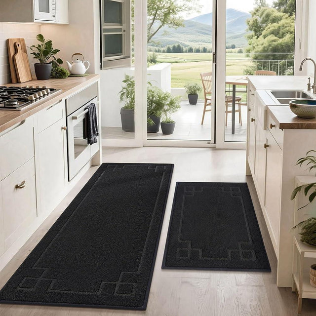 BEQHAUSE Kitchen Rugs Non-Slip Washable Rug Sets of 2, Machine Washable Kitchen Mats Absorbent Soft Kitchen Runner Rugs for Floor,Sink,Hallway,Laundry,24”x36”+24”x60”, Black