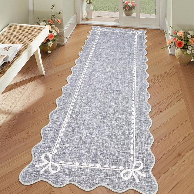 GarveeHome Scalloped Bow Rug for Living Room, Solid Grey Rug for Dorm, Washable Runner Rugs 2x6 Soft Low Pile Non Slip Scalloped Rugs for Nursery Bedroom Decor Hallway Entryway Playroom