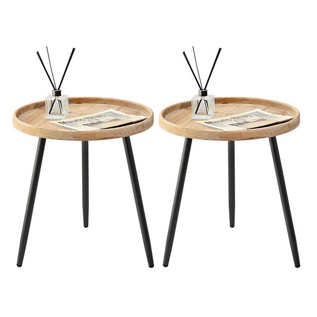 LITA 2 Pcs Round Side End Table, Nightstand Tables, Log Desktop, Wooden Tray Table with Black Metal Stand End Table for Living Room Bedroom Office Small Spaces (M)