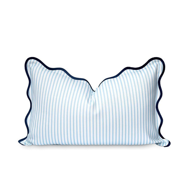 Hofdeco Premium Coastal Patio Indoor Outdoor Scalloped Lumbar Pillow Cover Only, 12"x20" Water Repellent for Backyard, Couch, Baby Blue Print Stripes