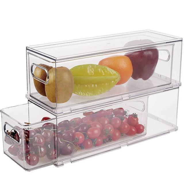 2 Pack Refrigerator Organizer Bins with Pull-out Drawer, Stackable Fridge Drawer Organizer Set with Handle, BPA-free Drawable Clear Storage Cases for Freezer, Cabinet, Kitchen, Pantry Organization