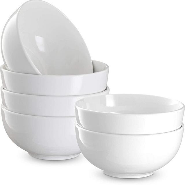 Cereal Bowls, by Kook, Ceramic Make, Holds 24 Oz, perfect for soup, desserts, salads, oatmeal, Set of 6, White.