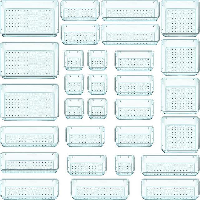 WOWBOX 25 PCS Plastic Drawer Organizer Set, 4 Sizes Desk Drawer Divider Organizers and Storage Bins for Makeup, Jewelry, Gadgets for Kitchen, Bedroom, Bathroom, Office