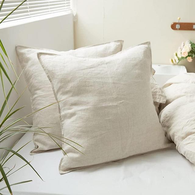 Simple&Opulence 100% Washed Linen Euro Shams Basic Style (26'' x 26'') - Pack of 2 - Solid Color Pillow Shams Natural Flax Square Throw Pillow Covers - Linen