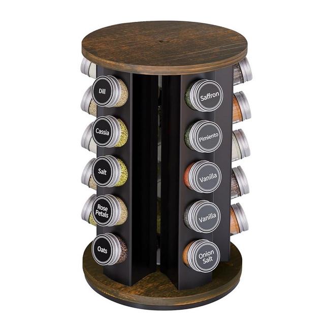 New England Stories Revolving Spice Rack Set with 25 Spice Jars, Kitchen Spice Tower Organizer for Countertop or Cabinet - Carousel Storage Includes 386 Spice Labels