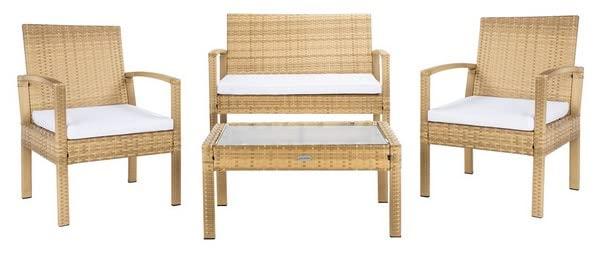 Safavieh Outdoor Collection Bassey Natural/White Cushion 4-Piece Conversation Patio Set PAT7507D