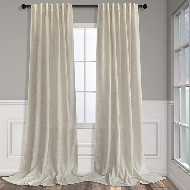 Flax Linen Curtains 84 Inch Length for Bedroom 2 Panels Back Tab Pocket Light Filtering Simple Canvas Cloth Look Semi Sheer Beige Curtains for Living Room Dining Burlap Sand Beach Decor 52x84 Long Tan
