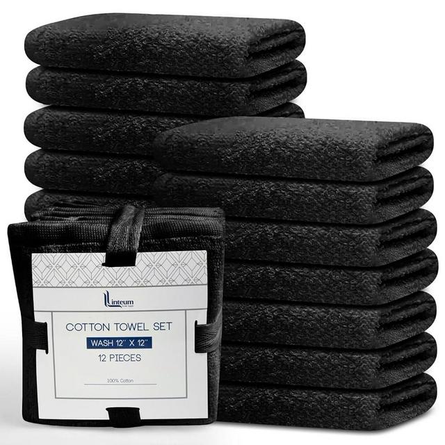Linteum Textile Premium Wash Cloths Set - 12x12 Inches (12 Pack) Black - 100% Cotton Ring Spun Washcloths, Highly Absorbent & Soft Feel Face Towels for Bathroom, Spa and Gym