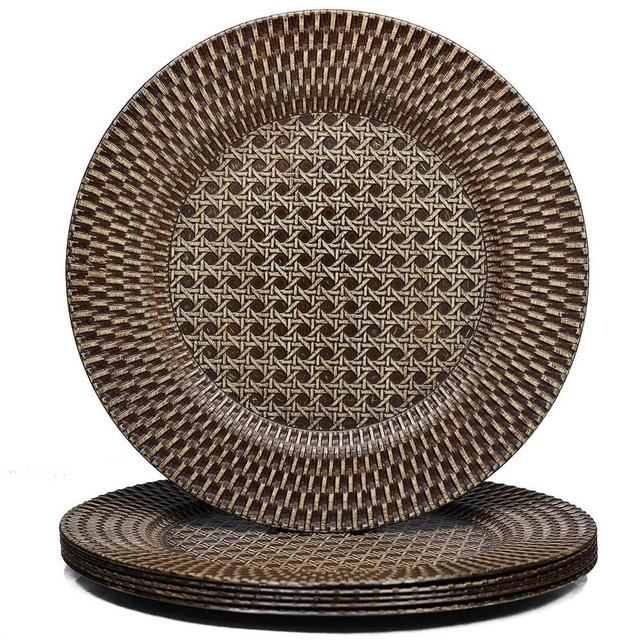Spsyrine Faux Rattan Plastic Rustic Charger Plates, Set of 6 Elegant Round Plate Chargers for Dinner, Decorative for Events and Parties. (Plaid)