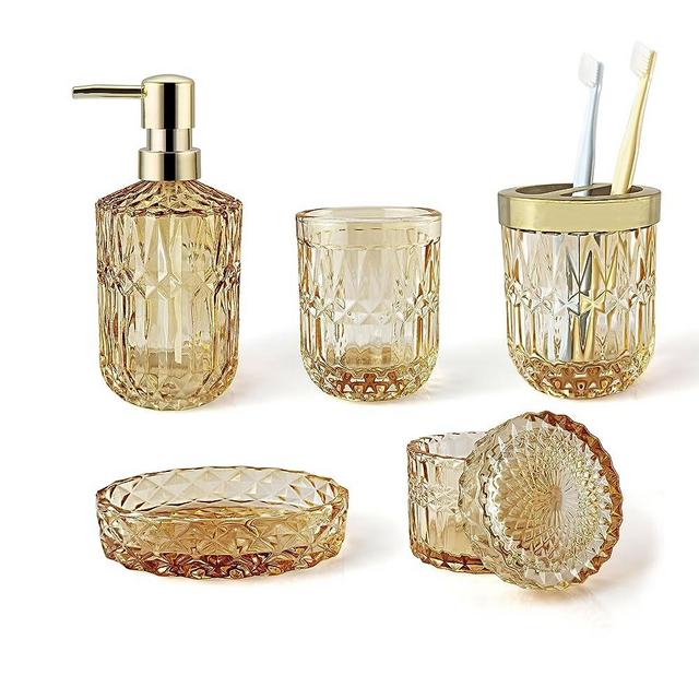 LaMarriti 5Pcs Clear Gold Glass Bathroom Accessory Complete Set, Lotion Dispenser, Soap Dish, Tumbler, Cotton Swab Jars, Toothbrush Holder Set,Bathroom Decor and Gift Set, Golden, Yellow-Orange