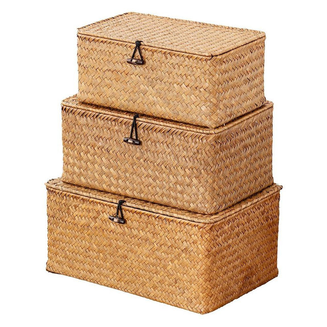 Nonam Handwoven Natural Seagrass Bin with Lid, Set of 3, Shelf Baskets Multipurpose Container for Boho Decoration, Rectangular Household Storage Boxes for Home Organization