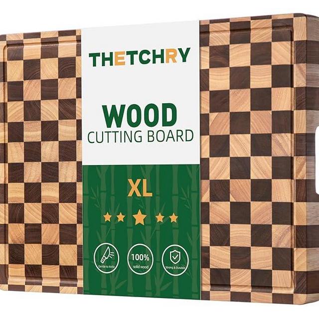 THETCHRY Cutting Boards for Kitchen, Design in USA Extra Large Chopping Board for Stovetop, End Grain Acacia Wood Cutting Board with Juice Grooves, Butcher Block with Gift Box, 20" x 15" x 1.5"