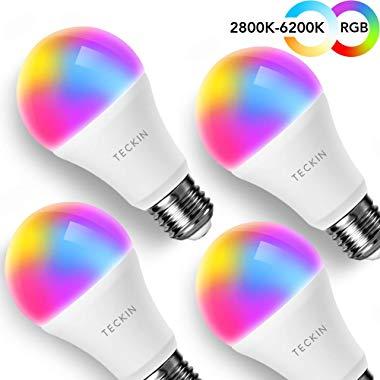 Smart Light Bulb with Soft White Light 2800k-6200k + RGBW, TECKIN A19 E27 WiFi Multicolor LED Bulb Compatible with Phone, Google Home and IFTTT (No Hub Required), 8w (60w Equivalent),4 Pack