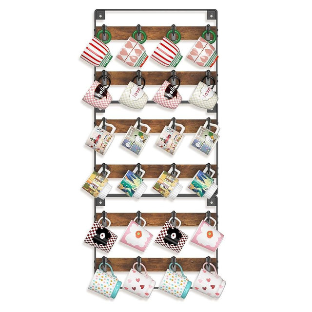 EsLuker.ly Mug Holder Hanger Rack Wall Mounted Wooden 3 Pack Coffee Cup Storage Organizer Display Shelf with 24 Removable Plastic Hooks, Ideal for Mug Collectors