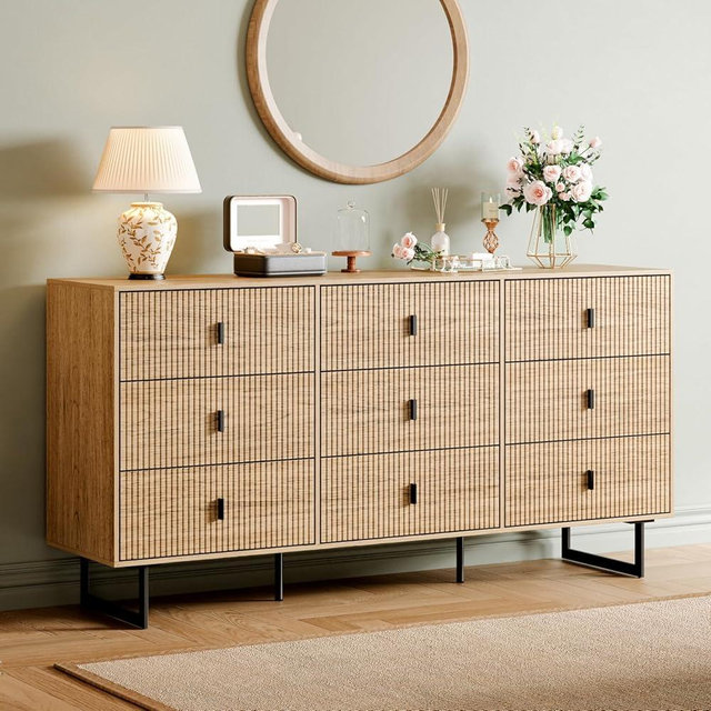 Chrangmay Modern Chest of Drawers with 9 Drawers,Deep Drawers,Clothes Organizer,Large Storage Cabinet for Living Room, Bedroom,Hallway,with Anti-Tipping Device, Oak