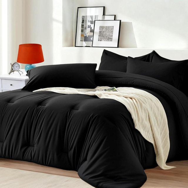 Easthome Queen Comforter Set 7 Piece - Black Soft Bed in a Bag Queen Size Comforter Sets, Cozy Luxury Bedding Sets with Down Alternative Comforter, Flat Sheet, Fitted Sheet, 2 Pillowcases & 2 Shams