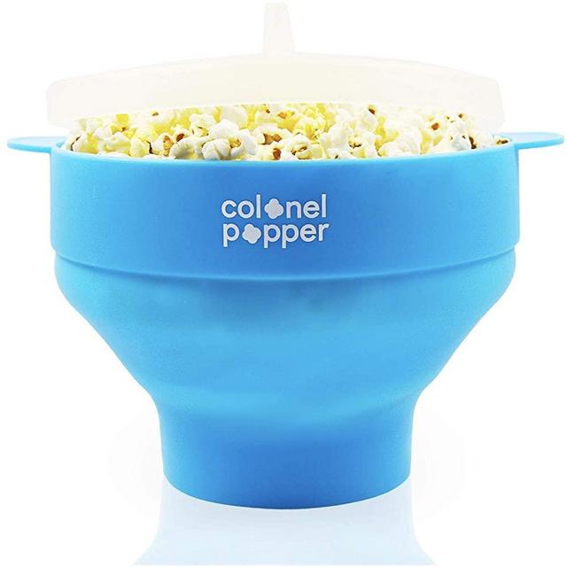 Colonel Popper Microwave Popcorn Maker Air Popper Silicone Bowl - Use any Kernels, Salt, Oil (Blue)