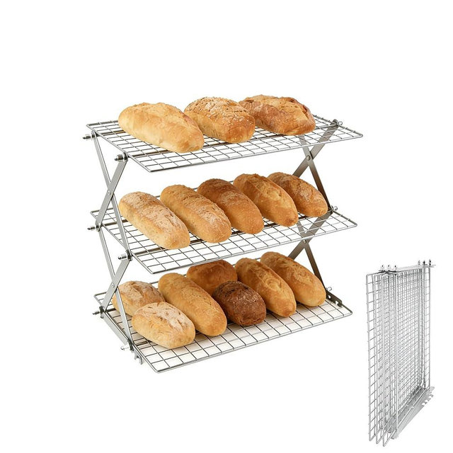 3 Tier Collapsible Cooling Rack with Adjustable 6 Setting Design stackable wire rack for baking sheet for Cookies Baking Gifts for Women (Silver, 3-Tier)
