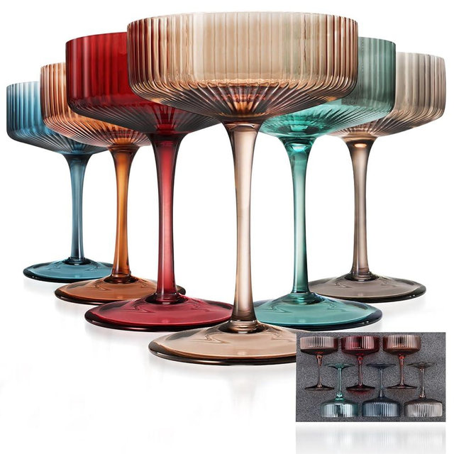 CALBODE Colored Coupe Glasses Set of 6 Vintage Art Deco Martini, Cocktail & Champagne Ribbed Glasses 9oz, Hand-Blown Colorful Cocktail Glassware-Perfect for Bar, Cocktails Ideal Gifts